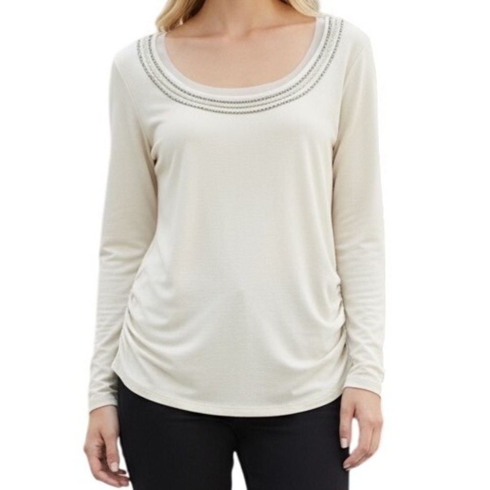 WHITE HOUSE BLACK MARKET Warm White Faux Pearl & Chainlink Ruched Top EUC Size S